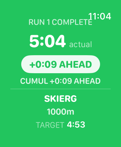 Transition screen showing run complete, delta ahead, and next station briefing